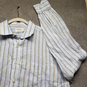 Mens Linen Button Up Shirt Blue Striped Long Sleeve Summer Casual XXL